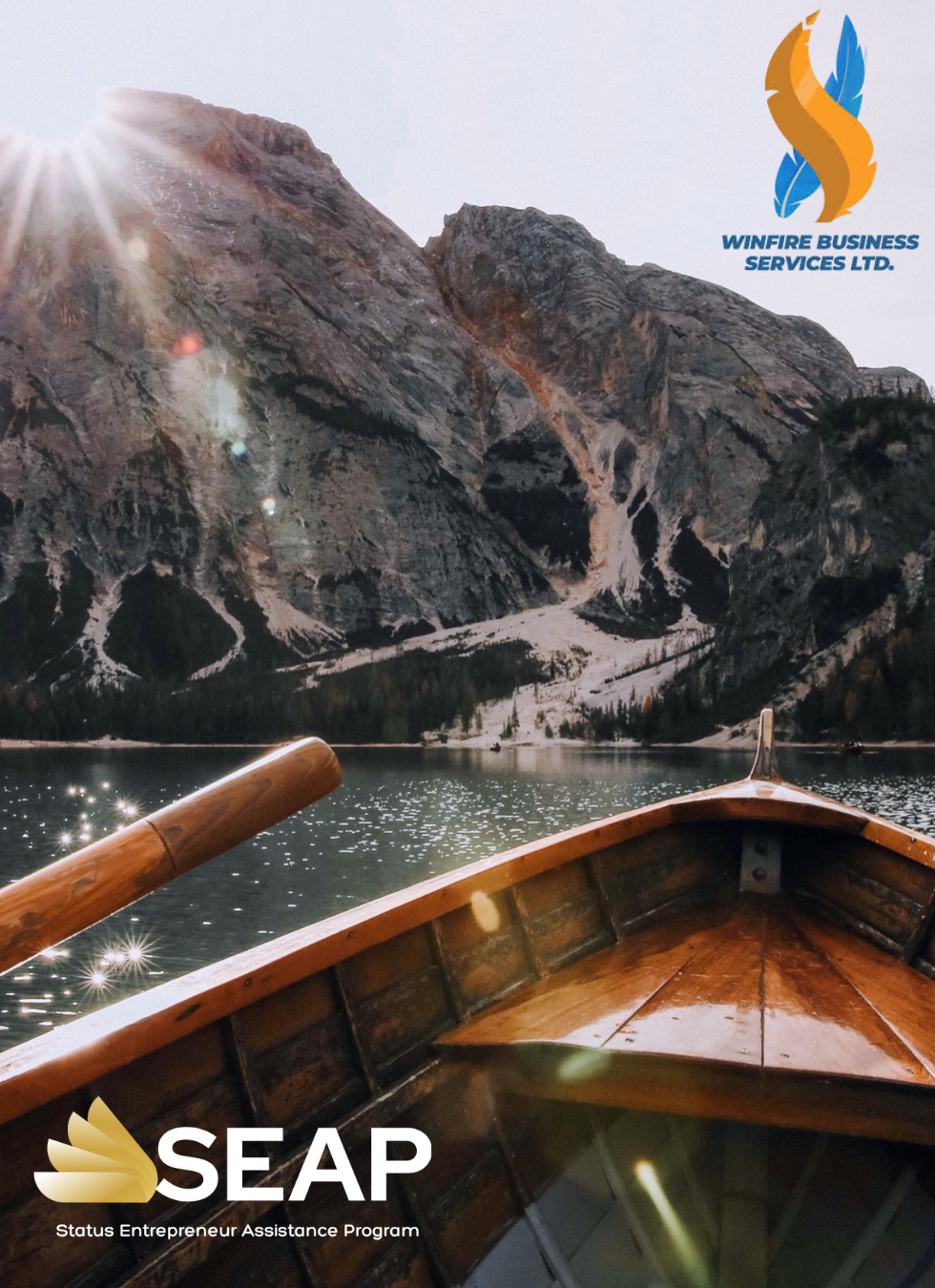 SEAP and Winfire business service logo over an image of a canoe on a lake